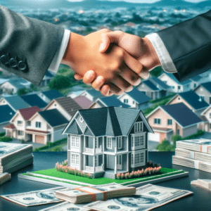 Stretta di mano tra due professionisti sopra un modello di casa con pile di banconote sullo sfondo, simboleggiando una vendita immobiliare di successo.