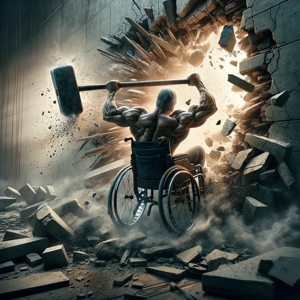 uomo in sedia a rotelle distrugge barriere architettoniche