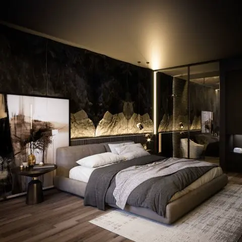 Camera da letto di lusso con pareti testurizzate e illuminazione calda.