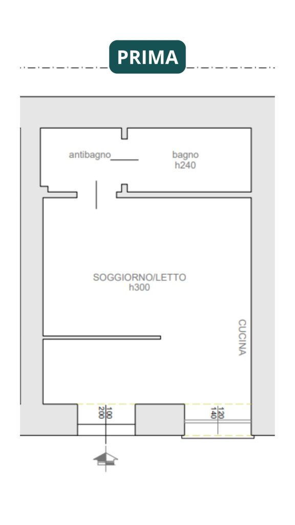 Pianta dell’appartamento di 20 mq ristrutturato, con suddivisione degli spazi in soggiorno/letto, zona cucina, antibagno e bagno, evidenziate le altezze interne e l’accesso esterno.