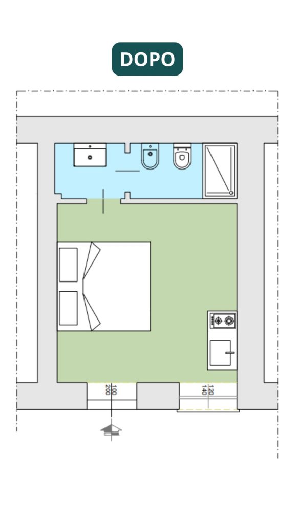Planimetria finale del monolocale di 20 mq con suddivisione razionale degli spazi: zona notte e cucina open space e bagno completo con antibagno separato.