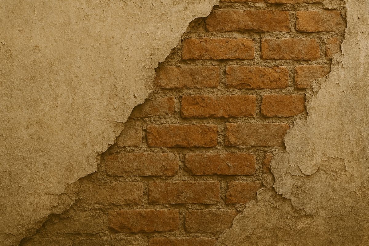 Dettaglio del distacco dell'intonaco da un vecchio muro in mattoni, durante la ristrutturazione di un appartamento a Milano