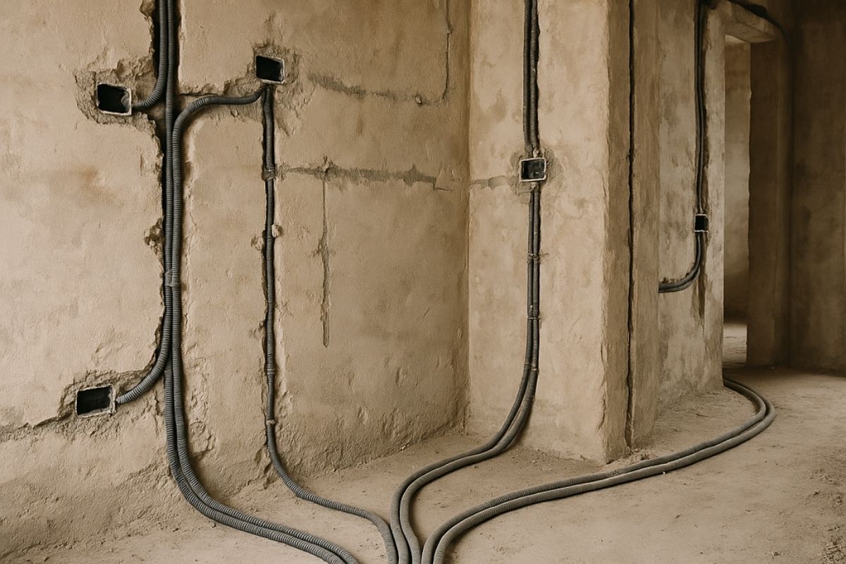 Installazione di un nuovo impianto elettrico a norma durante una ristrutturazione a Milano: i corrugati vengono posati nelle tracce a muro prima della chiusura dell'intonaco.
