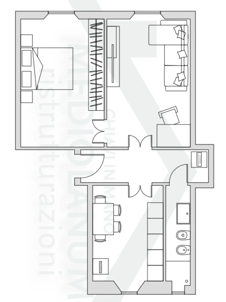 Pianta dopo – distribuzione zona giorno e camere letto, trilocale 60 mq, Bacone Morgagni