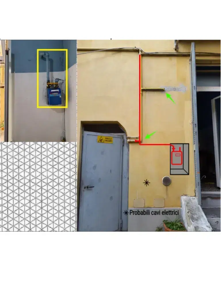 Cantiere – schema tecnico passaggio impianti esterni con indicazioni tracciato contatore gas, trilocale 60 mq, bacone morgagni