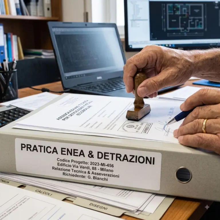 Home 6 Timbro e firma su documenti per la pratica ENEA e detrazioni fiscali relative a un progetto di ristrutturazione a Milano.